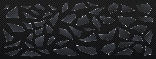 Glass pieces. Realistic sharp shards, 3D isolated parts of broken window on transparent background. Ice fragments with cracks or damaged in car accident windshield. Vector crystal set - Vector, Image