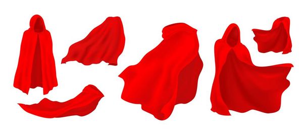 Punainen viitta. Realistinen heiluttaen silkkivaippaa. Scarlet Satiini kangas, virtaava tekstiili. Supersankari tai satuhahmo puku. Karnevaali viitta, ylellinen materiaali kuninkaallinen puku, vektori asetettu - Vektori, kuva