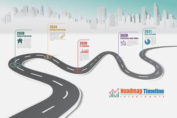 Business Roadmap Zeitleiste Infografik Vorlage mit Zeigern für die Stadt Hintergrund Meilenstein moderne Diagramm Prozesstechnologie digitale Marketing-Daten Präsentationstabelle Vektor Illustration entworfen - Vektor, Bild