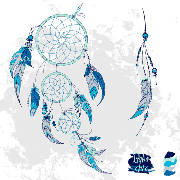 Dreamcatcher, Set of ornaments, feathers and beads. Native american indian dream catcher, traditional symbol. Feathers and beads on white background. Vector decorative elements hippie. - ベクター画像