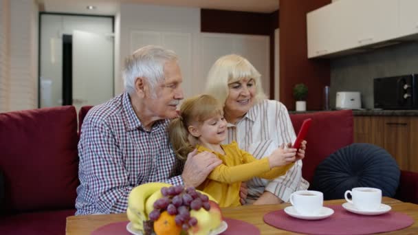 Starší pár prarodiče s dětskou vnučkou dělat selfie fotky společně na mobilním telefonu - Záběry, video