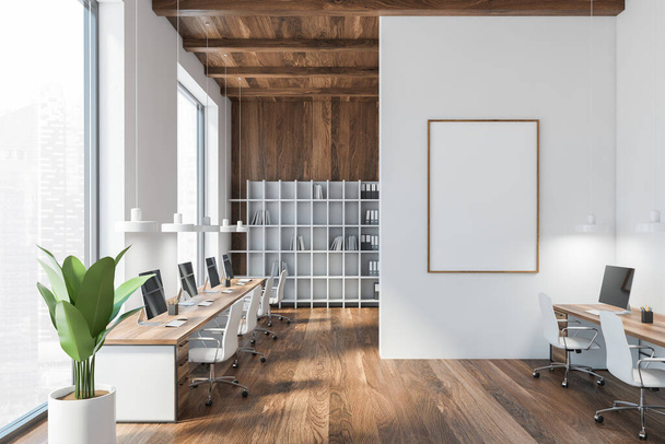 White and wooden office room with mockup blank canvas with computers on tables and white armchairs. Open space business room with bookshelves, wooden wall and floor, 3D rendering no people - Foto, Imagen