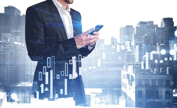 Side view of businessman standing with smartphone in blurry city with dobule exposure of graph. Toned image - Фото, изображение