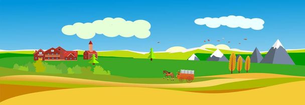 Ilustración del tamaño de la bandera del paisaje rural, pueblo, otoño, vector. - Vector, imagen