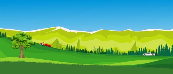Banner formato illustrazione del paesaggio di campagna, foreste e montagne, vettore. - Vettoriali, immagini