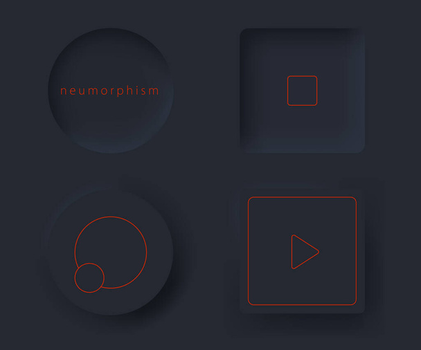 Geometrische knoppen zwarte neumorfisme design elementen. High tech stijl voor bruikbaarheid app vector. - Vector, afbeelding