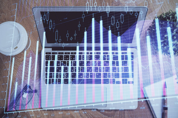 Double exposure of graph and financial info and work space with computer background. Concept of international online trading. - Foto, immagini