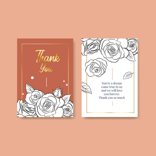 Thank you card template design with line art flower vector illustration - Vector, Image