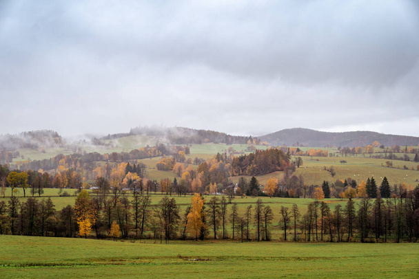 autumn rural panorama with a view of the village, trees and fields - Fotó, kép