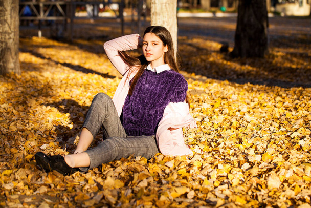 Young beautiful girl in a purple sweater lies on fallen autumn leaves - Fotografie, Obrázek