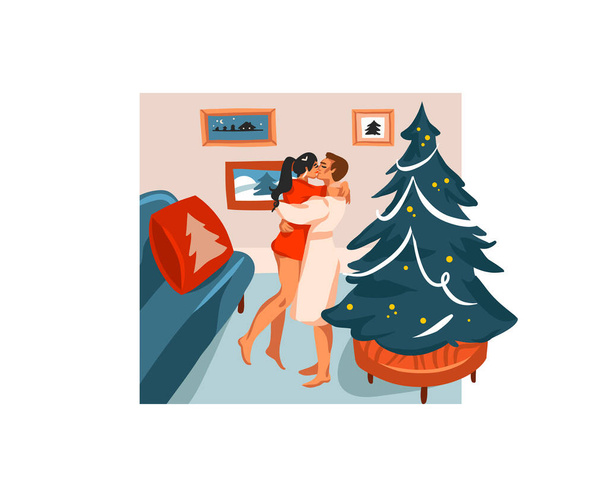 Ręcznie rysowane wektor abstrakcyjny czas zabawy płaskie Wesołych Świąt i Szczęśliwego Nowego Roku kartka świąteczna z uroczymi ilustracjami pary Xmas w domu razem izolowane na białym tle - Wektor, obraz