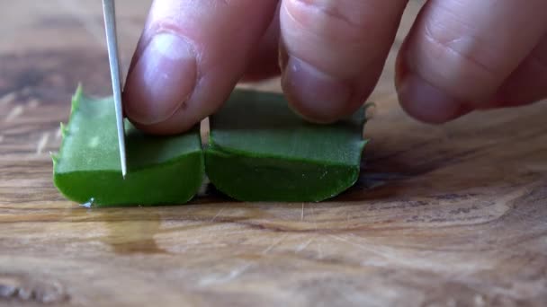 Aloe vera se corta en trozos pequeños en una tabla de madera - Imágenes, Vídeo