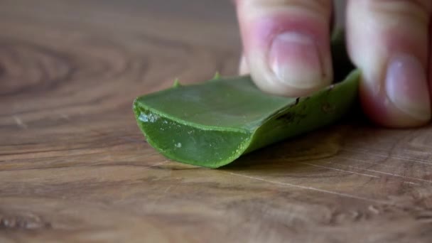 Aloe vera est coupé en petits morceaux sur une planche de bois - Séquence, vidéo