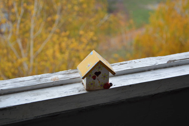 Uma pequena casa fica em um peitoril da janela contra um fundo do outono - Foto, Imagem