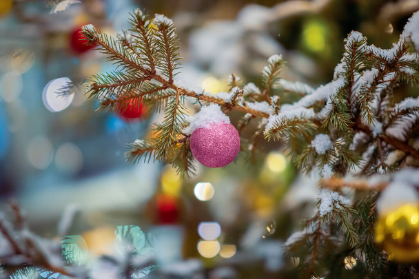 Merry Christmas and happy New Year background.Christmas tree with decorations. - Zdjęcie, obraz