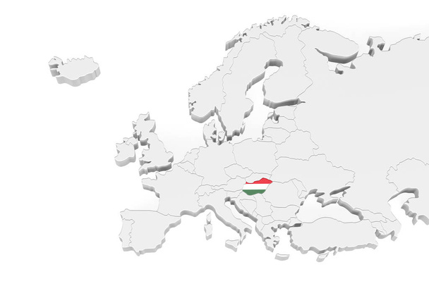 Mapa de Europa 3D con bordes marcados - área de Hungría marcada con bandera de Hungría - aislada sobre fondo blanco con espacio para texto - Ilustración 3D - Foto, imagen