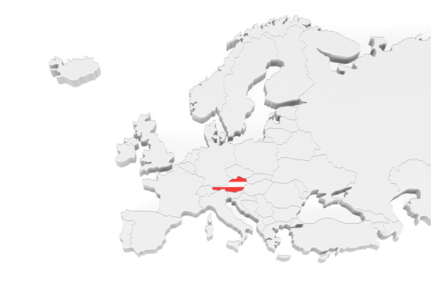 Mapa de Europa 3D con bordes marcados - área de Austria marcada con bandera de Austria - aislada sobre fondo blanco con espacio para texto - Ilustración 3D - Foto, imagen