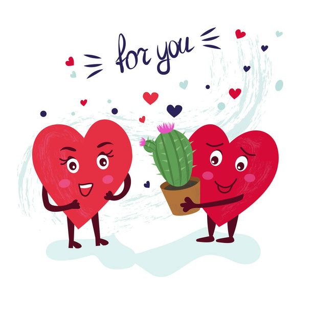 The concept of love. Cute characters of a couple of loving hearts. A man gives a cactus flower in a pot to his woman. Vector romantic card for the recognition of his feelings. Valentine's Day - Vector, Image