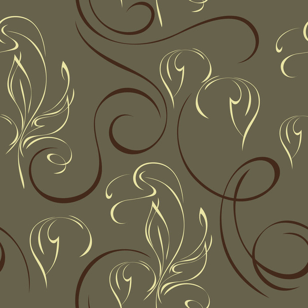 naadloos patroon met beige gestileerde bladeren en bruine krullen op een grijze achtergrond - Vector, afbeelding