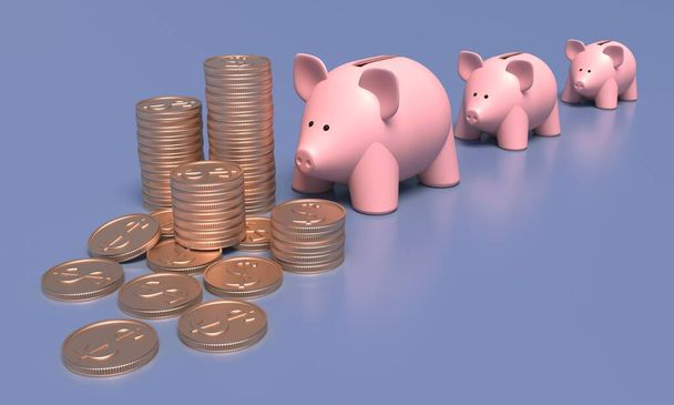 Tres cerdos y monedas de oro de dólares sobre fondo azul. Bancos esperando en una fila por dinero. ilustración 3d - Foto, imagen