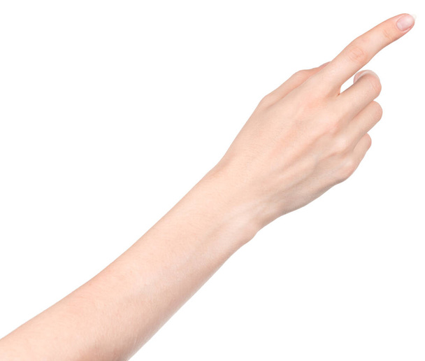 Manos caucásicas femeninas aisladas fondo blanco mostrando diferentes gestos. manos de mujer mostrando gesto sostiene algo o toma, da, puntos - Foto, Imagen