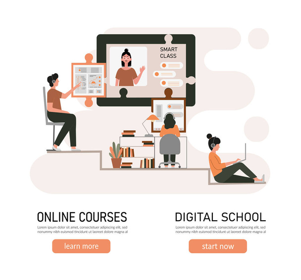 E-Learning, Online-Bildung zu Hause. Fernunterricht, Online-Kurse, Tutorials, Webinare, digitales Klassenzimmer, Online-Lehrmetaphern. Flache Vektorabbildung, isolierte Objekte. - Vektor, Bild