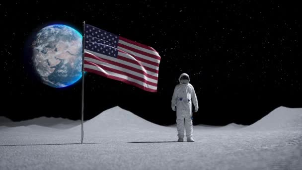 Astronauta caminando sobre la superficie lunar. Casco de traje espacial. 3d renderizar - Metraje, vídeo