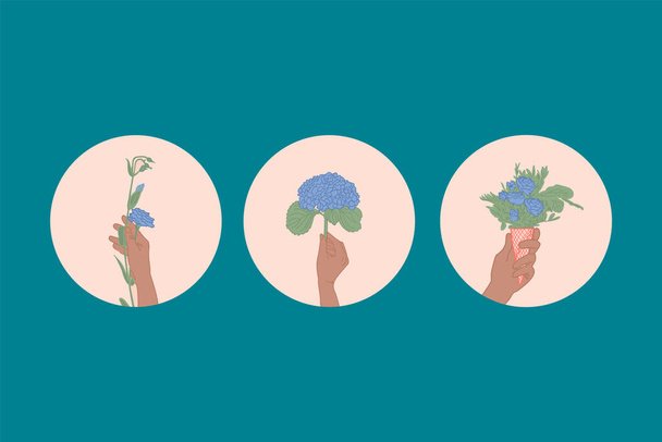 A set of flower icons in the flat style. Flowers for social networks of goods. Beautiful logo for branding. A collection of delicate flowers in your hand. Hand drawn pictures of flowers. - Vector, Image