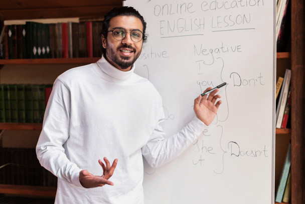 Indian Male Teacher Teaching Online Pointing To Blackboard Standing Indoors - Photo, Image