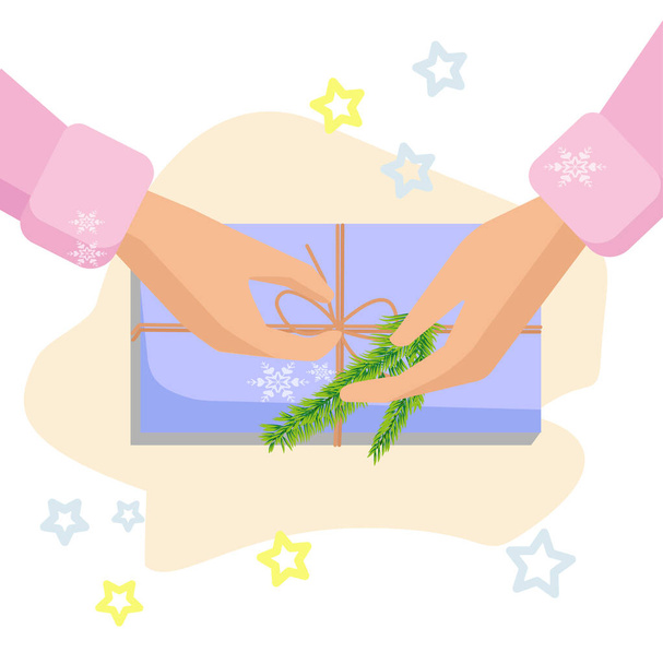 Boxing Day. Hands holding a gift Make a gift christmas. . Vector illustration - Vector, Image