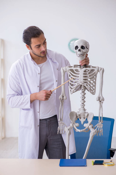 Joven médico varón demostrando esqueleto humano - Foto, Imagen
