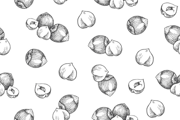 Seamless pattern with hazelnuts. Line art style. - Διάνυσμα, εικόνα