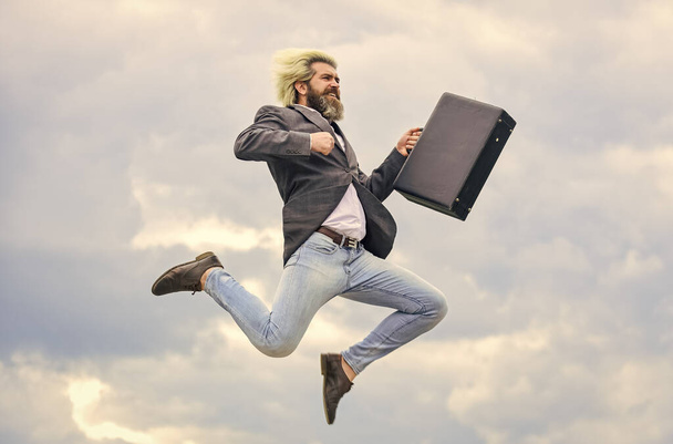 Happy worker. Feeling free. Business man formal suit carries briefcase. Illegal deal business. Find your life mission. Businessman run away business case. Feel impact. Hipster hold briefcase. Freedom - Foto, Imagen