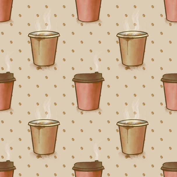 The digital painting of coffee paper cup seamless pattern background raster illustration. - Foto, imagen