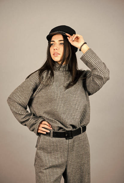 Fashionable knitwear. Knitwear concept. Feel comfortable. Woman wear grey suit blouse and pants. Shop Your Style. Designed for your comfort. Warm comfortable clothes. Casual style for every day - Foto, immagini