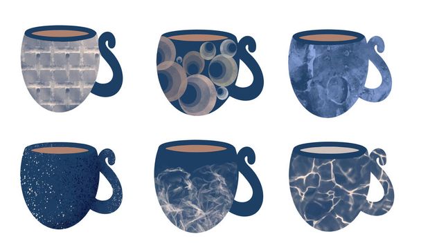Set van keramische blauwe kopjes en mokken voor koffie, thee, drankjes. Handgetekende vectorillustratie - Vector, afbeelding
