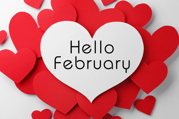 Greeting card with text Hello February. Many red paper hearts and one with text on white background, flat lay - Fotografie, Obrázek