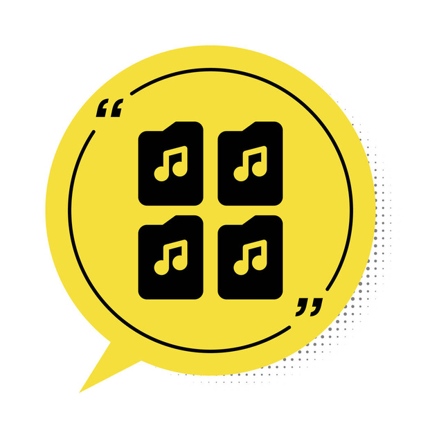 Иконка документа Black Music выделена на белом фоне. Формат waveform audio file для цифровых аудиофайлов. Символ жёлтой речи. Вектор. - Вектор,изображение