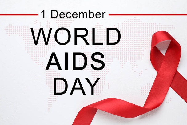 World AIDS Day poster. Red awareness ribbon. text and map on light background - Foto, immagini