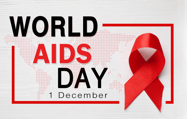 Manifesto della Giornata mondiale dell'AIDS. Telaio con nastro di consapevolezza rosso. testo e mappa su sfondo chiaro - Foto, immagini