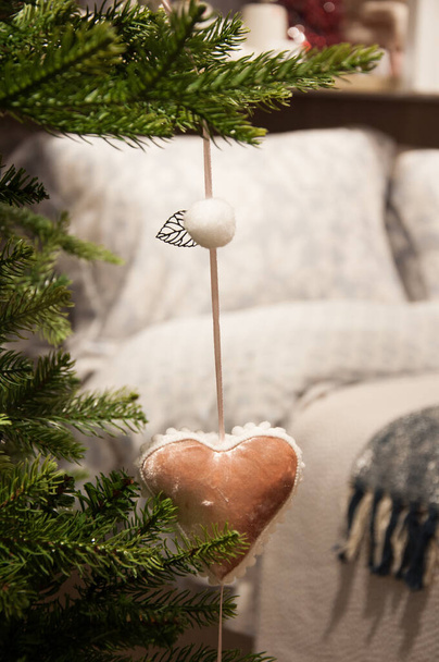 New year, elegant Christmas tree, heart pink decoration - Foto, Imagen