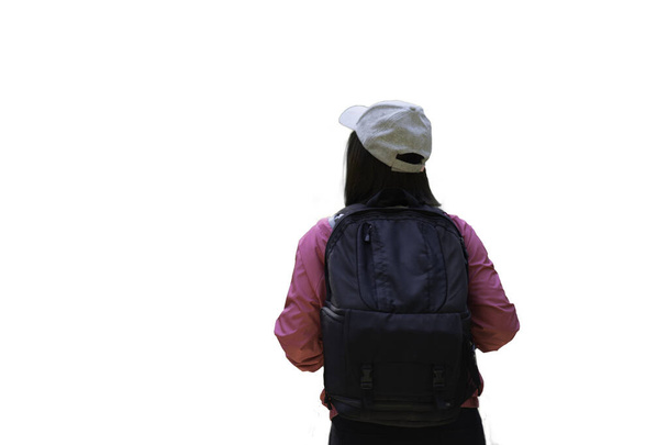 traveller woman hiking backside on isolated white background - Foto, Imagen