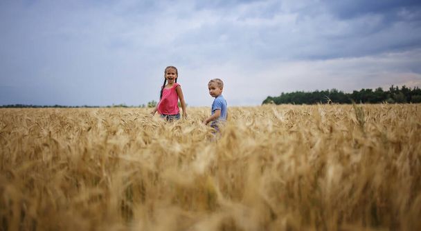 Ukraine, petit mais costaud.... - Page 2 Stock-photo-happy-kids-running-yellow-wheat