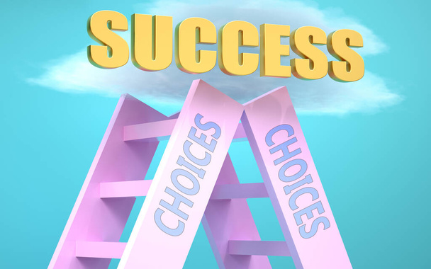 Выбор лестницы, которая приводит к успеху высоко в небе, символизирует, что выбор является очень важным фактором в достижении успеха в жизни и бизнесе., 3d иллюстрации - Фото, изображение