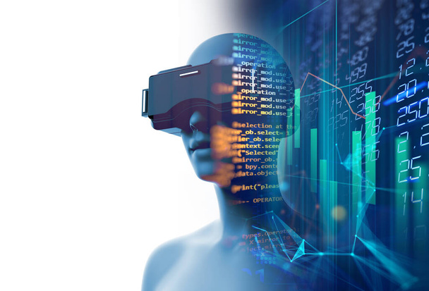 Sanal insanın VR kulaklıkla fütüristik teknoloji ve programlama üzerine 3 boyutlu yorumlaması - Fotoğraf, Görsel
