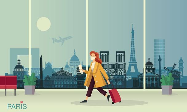 Молода жінка в масці з багажем в аеропорту Парижа. - Вектор, зображення