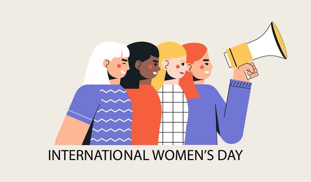 Uluslararası Kadınlar Günü, 8 Mart. Bir grup kız ve kadın, bayramı kutlayan bir hoparlörle birlikte sıraya girdiler. Beyaz zemin üzerinde düz bir şekilde modern vektör illüstrasyonuName. - Vektör, Görsel