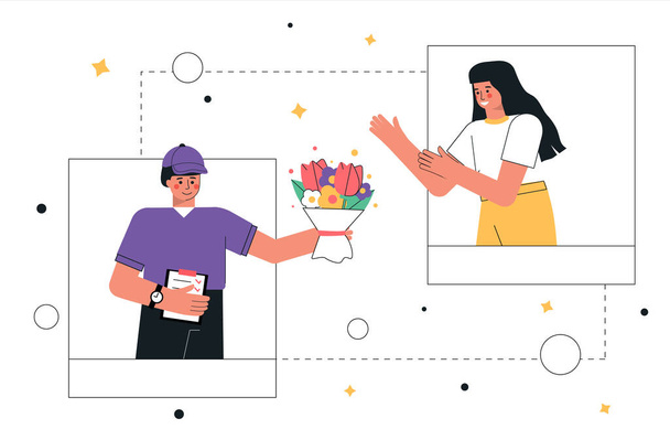 The concept online order and flower delivery service and gifts. The courier delivered a bouquet of flowers to the woman. Flat style vector illustration. - Vector, Image