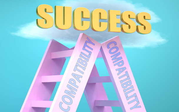 Kompatibilitätsleiter, die hoch oben zum Erfolg führt, um zu symbolisieren, dass Kompatibilität ein sehr wichtiger Faktor ist, um Erfolg im Leben und im Geschäft zu erreichen., 3D-Illustration - Foto, Bild