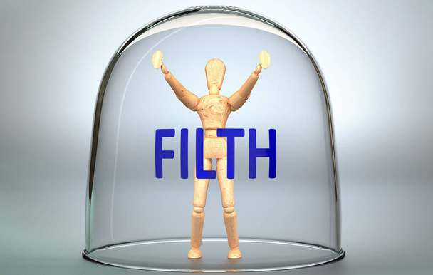 Brud może oddzielić człowieka od świata i zamknąć w niewidzialnej izolacji, która ogranicza i krępuje - wyobrażony jako ludzka postać zamknięta w szklance ze zwrotem Filth, ilustracja 3D - Zdjęcie, obraz